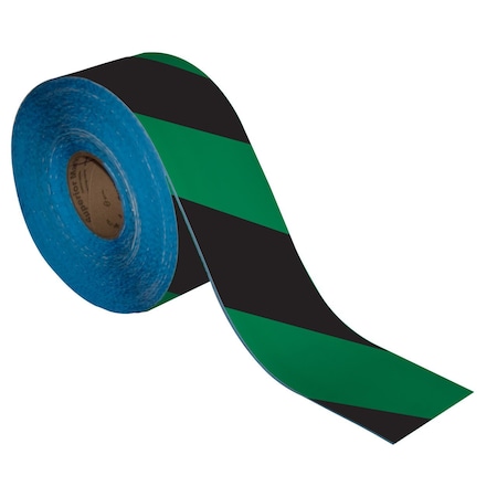 Superior Mark Floor Marking Tape, 4in x 100Ft , Black/Green Hazard Stripe IN-50-217I